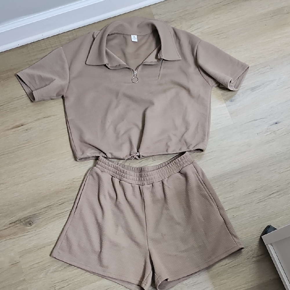 Tan Cropped Polo and Shorts Set